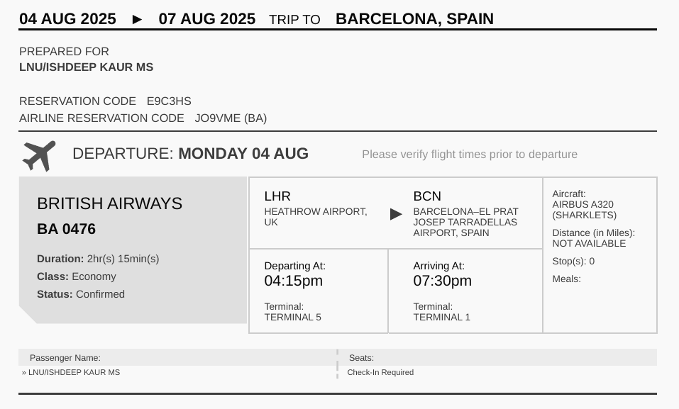 Preview of International Flight Ticket - Comprehensive flight reservation for international visa application