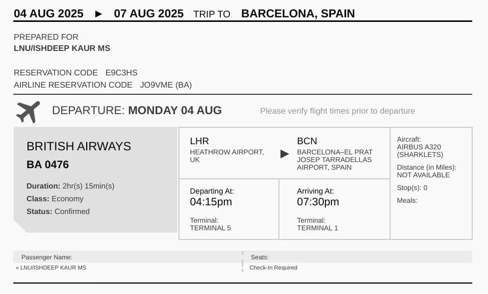 Preview of International Flight Ticket - Comprehensive flight reservation for international visa application